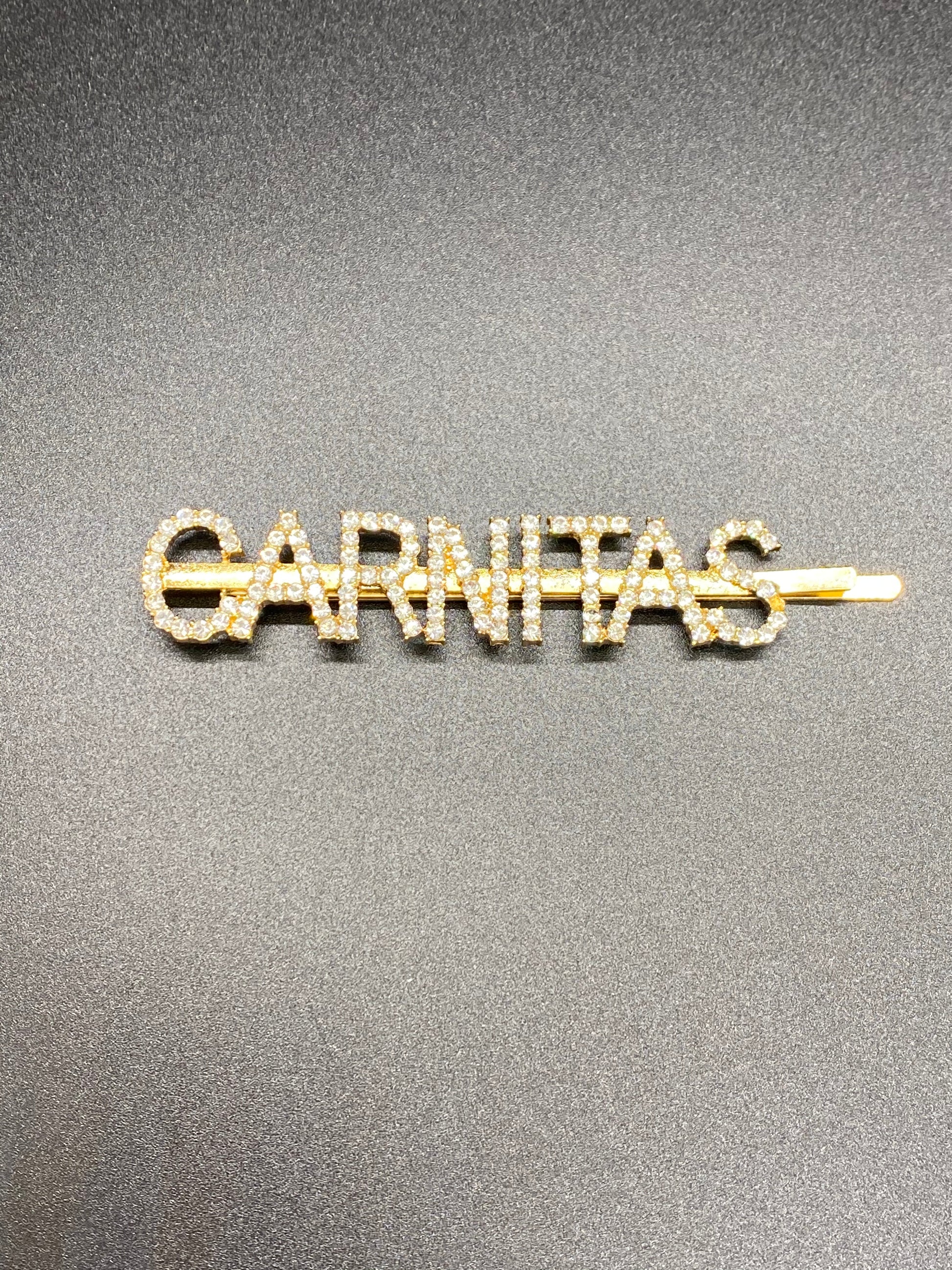 Gold Metal Crystal Hair Pin that reads Carnitas. For those that love carnitas tacos.