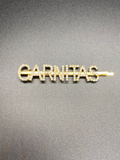 Gold Metal Crystal Hair Pin that reads Carnitas. For those that love carnitas tacos.