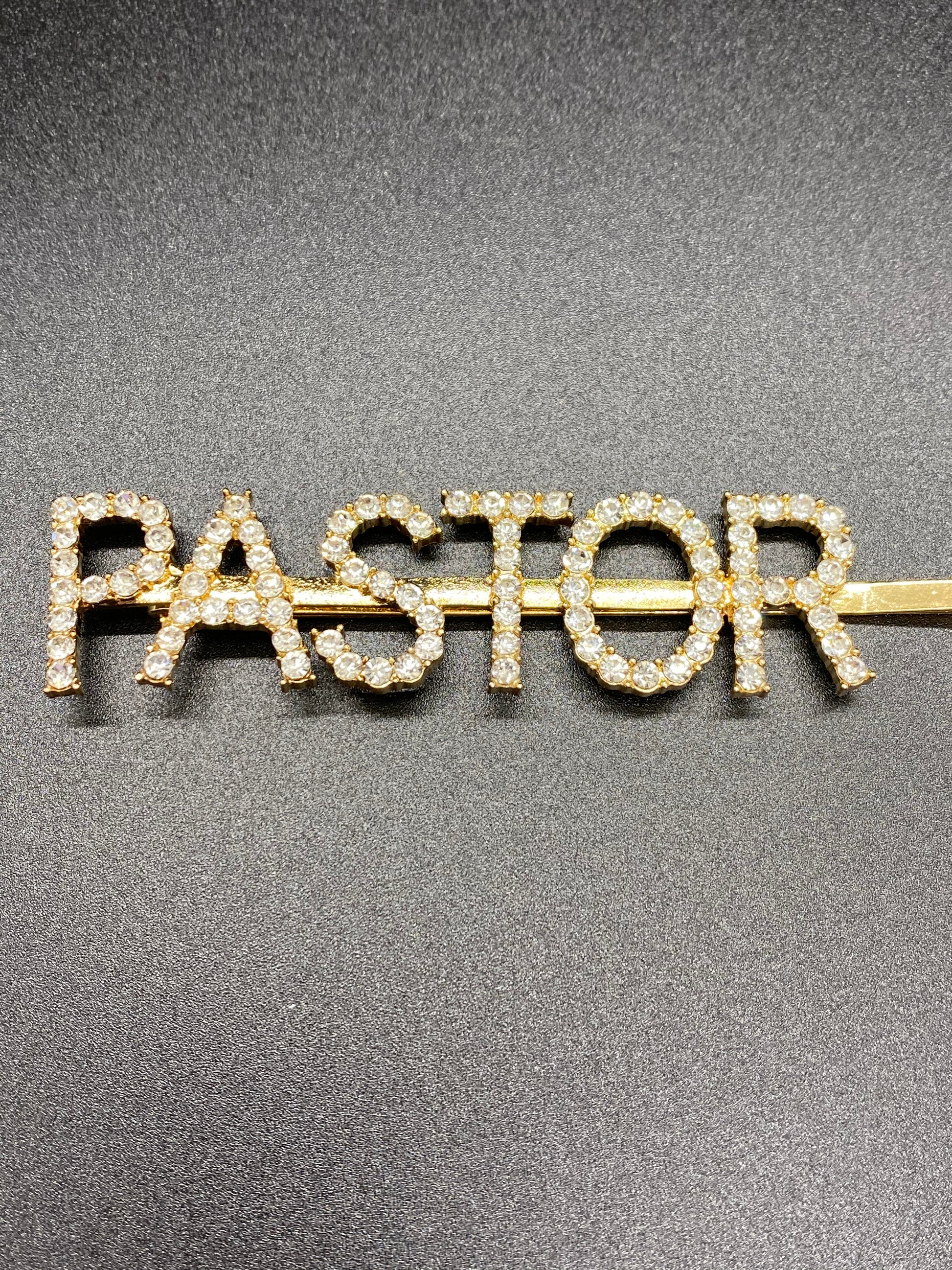 Gold Metal Crystal Hair Pin that reads PASTOR. For those that love Al Pastor tacos.